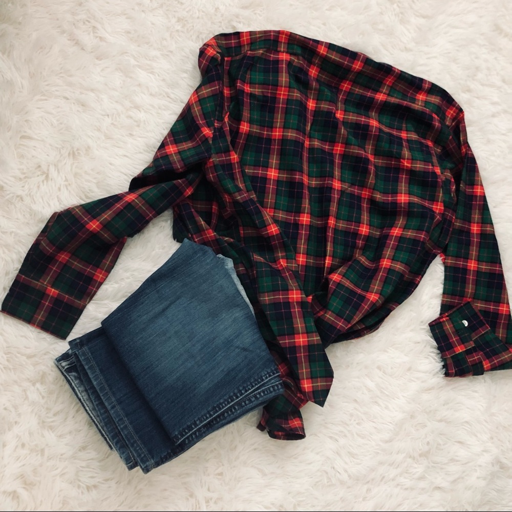 Hunt Club Medium Red Green Blue Twill Plaid Long Sleeve Button Down Shirt - Picture 5 of 6